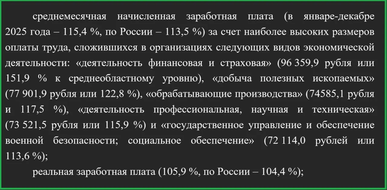 По данным региональных властей, специалисты финансовой и страховой сфер в среднем зарабатывают более 96 тыс. рублей, что примерно в 1,5 раза выше, чем у работников других отраслей. Также среди лидеров по уровню оплаты труда — сотрудники горнодобывающей и обрабатывающей промышленности.