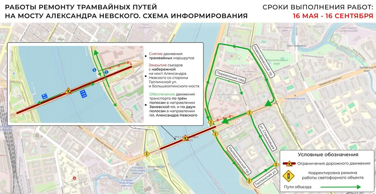 Во время первого этапа работ закроют трамвайное движение и ограничат автомобильные полосы в сторону площади Александра Невского; заменят трамвайные пути, обновят гидроизоляцию, деформационные швы и уложат новый асфальт.