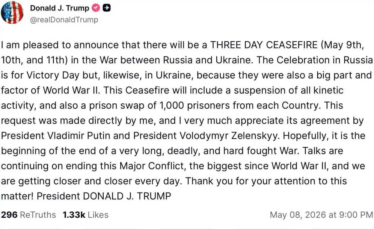 По словам Трампа, он лично предложил перемирие, якобы одобренное Владимиром Путиным и Владимиром Зеленским; планируется приостановка боевых действий и обмен по 1000 пленными с каждой стороны.
