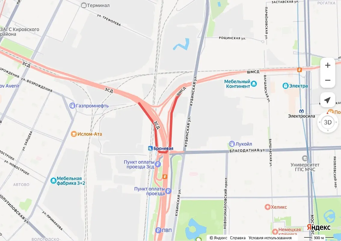 Съезд с Западного скоростного диаметра на Витебскую развязку временно закроют по ночам: с 23:00 до 06:00 в ночи 12–13, 13–14 и 16–17 мая из‑за дорожных работ.