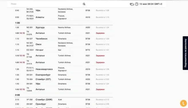Ночные рейсы Turkish Airlines 13.05.2026 из Петербурга частично отменены или перенесены: пассажирам сообщают о метеопричинах и переводе в запасные аэропорты.