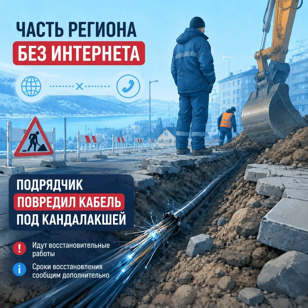 В Кандалакше при ремонте тротуара был повреждён оптический кабель. Из‑за этого в ряде населённых пунктов Мурманской области наблюдаются сбои в работе интернета и телефонной связи; специалисты работают над восстановлением.