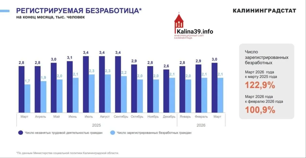 По данным статистики, в I квартале 2026 года число зарегистрированных безработных в регионе увеличилось до 2,1 тыс. человек — рост на 22,9% по сравнению с прошлым годом.