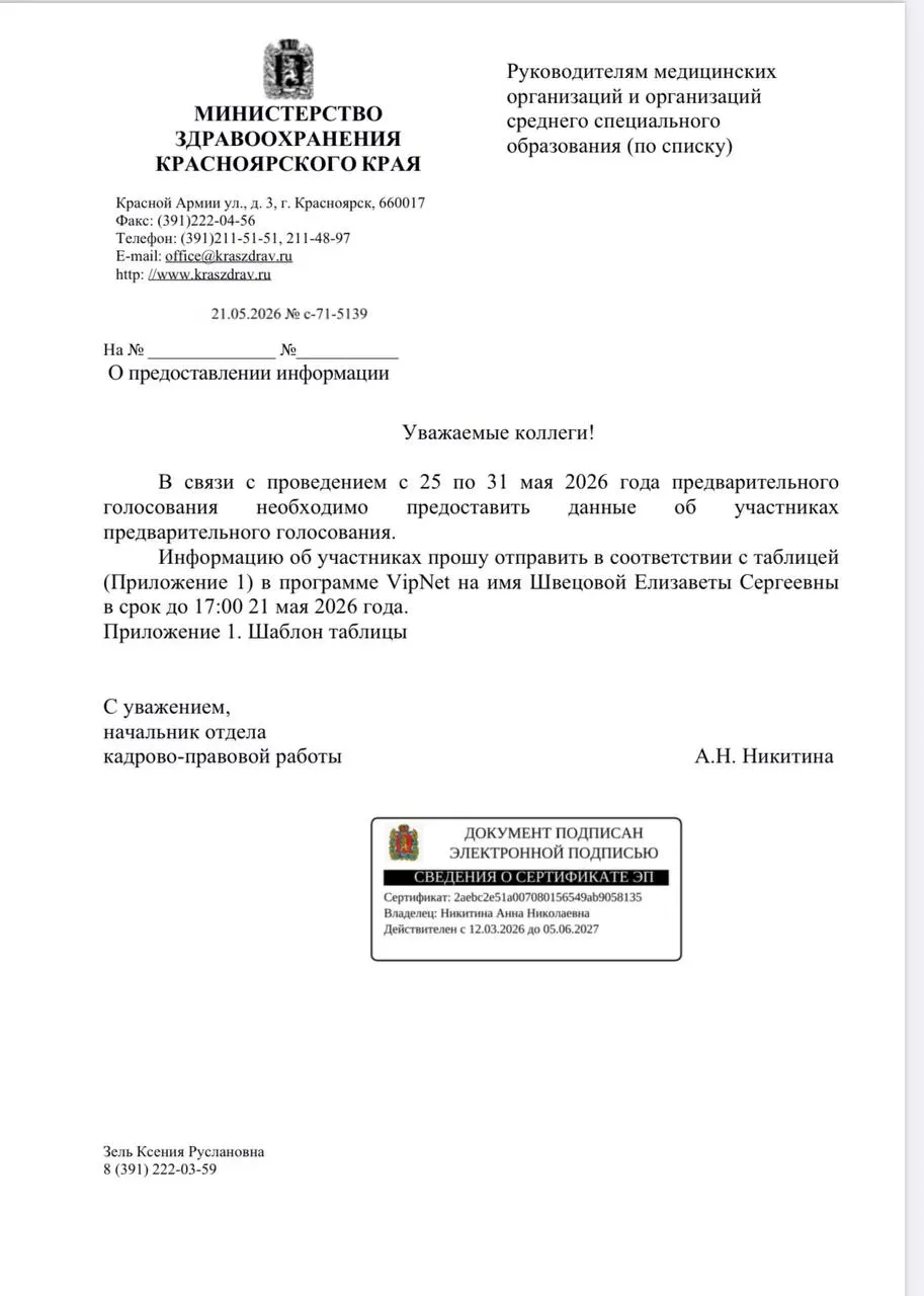 В ряде регионов, включая Красноярский край, руководителям медучреждений и муниципалитетов направляют распоряжения собирать сведения об участии сотрудников в предварительном голосовании «Единой России». Юристы и правозащитники считают такие практики использованием административного ресурса и возможным нарушением закона о персональных данных.