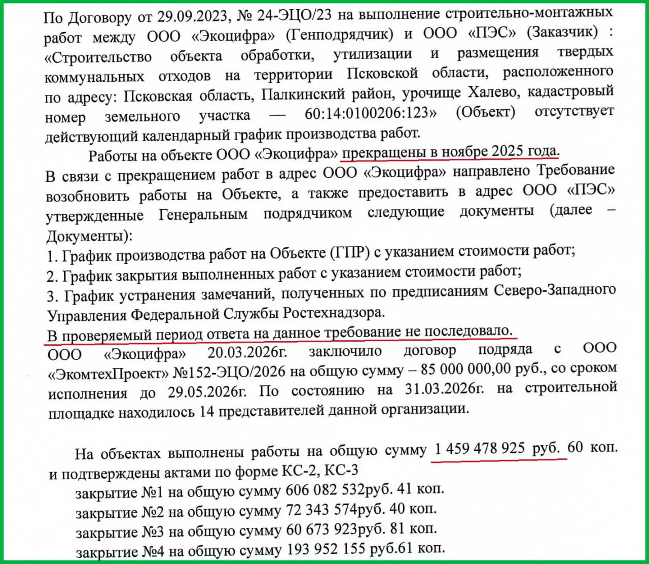 Подрядчик ушёл с объекта в ноябре 2025 года, на стройке отсутствует календарный график работ. По контракту на более 4 млрд рублей оплачено только 1,46 млрд.