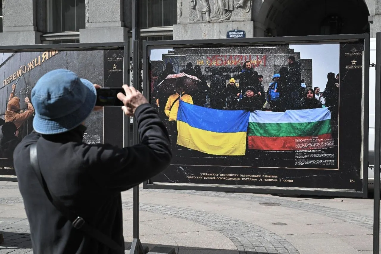 На экспозиции — фотографии городов Европы, встречавших советских солдат, и кадры раскрашенных советских памятников; выставка появилась не позднее 30 апреля.