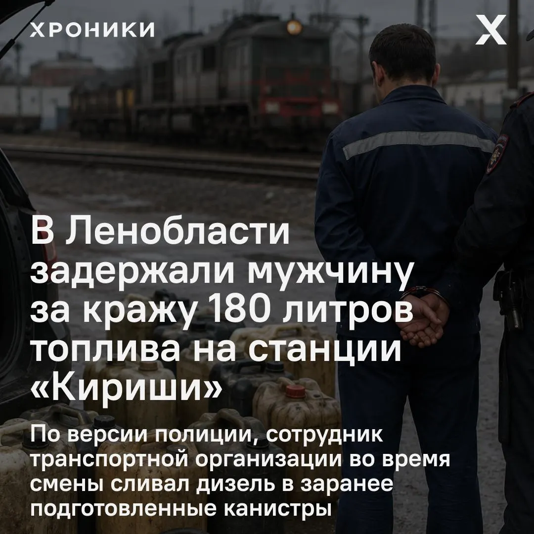 Сотрудника транспортной организации задержали на станции «Кириши», он подозревается в краже 180 литров топлива; возбуждено уголовное дело, подозреваемый под подпиской о невыезде.
