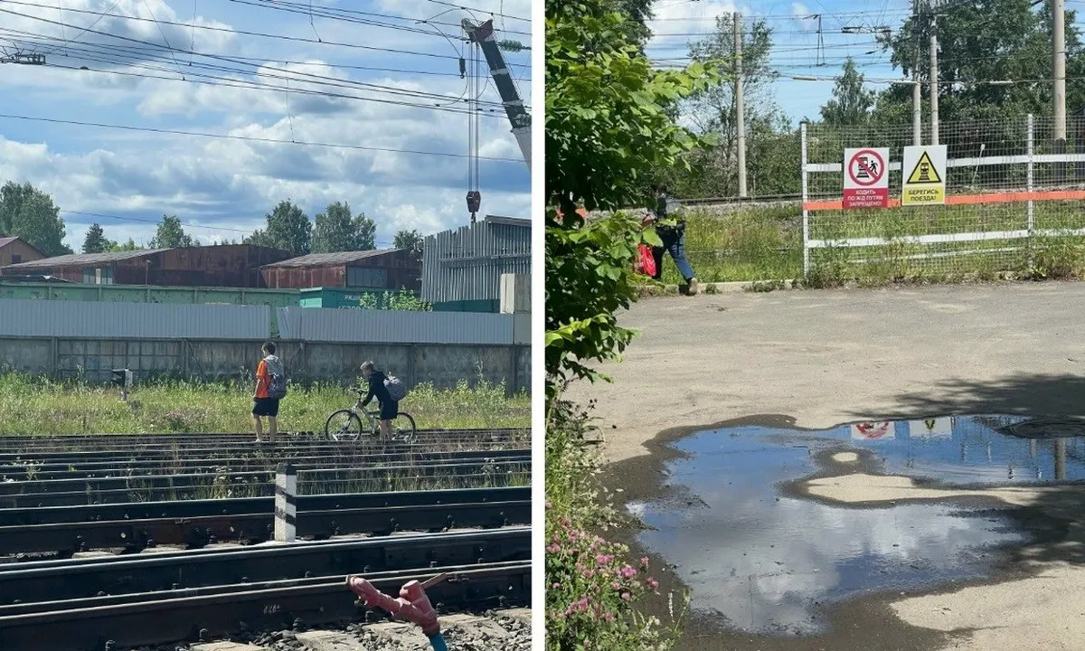 После закрытия перехода у улицы Достоевского горожане проделали дыру в ограждении и переходят рельсы без настила — среди переходящих есть велосипедисты и дети.