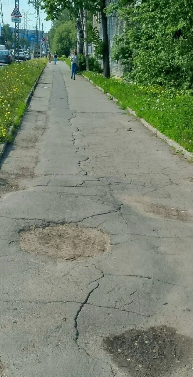 Тротуар от Краснофлотской до Мелентьевой в Петрозаводске покрыт ямами, трещинами и выступающими корнями — мамы с колясками, пожилые люди и другие жители ежедневно вынуждены преодолевать препятствия.