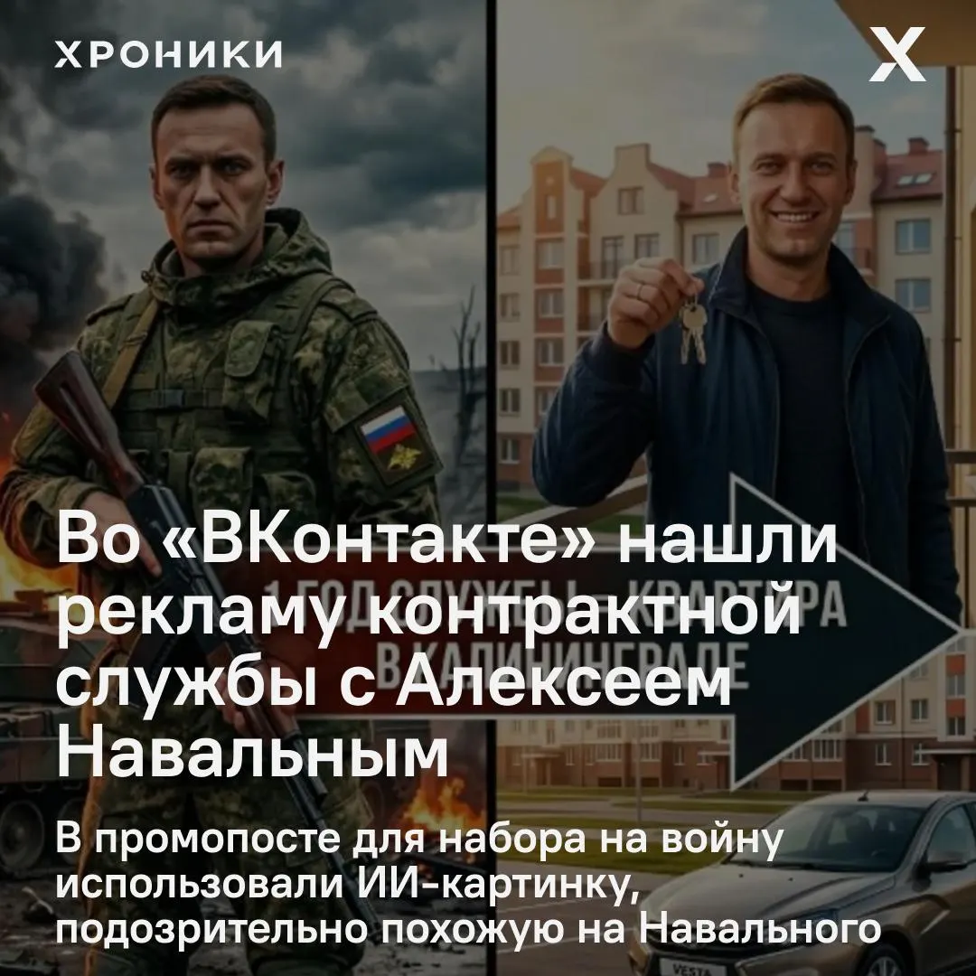 В рекламном посте обещали до 7 млн ₽ в год, квартиру и машину — на картинке оказался сгенерированный ИИ‑образ, напоминающий Навального. Организация признала ошибку и удалили публикацию.