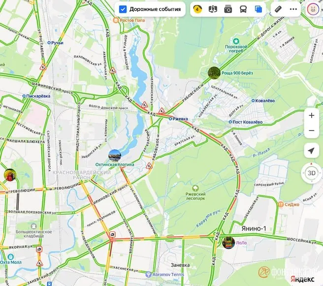 На Кольцевой автодороге в Санкт‑Петербурге из‑за дорожных работ образовался затор длиной почти 5 км — пробка тянется от проспекта Косыгина до Шафировского проспекта, по данным «Яндекс.Пробок».
