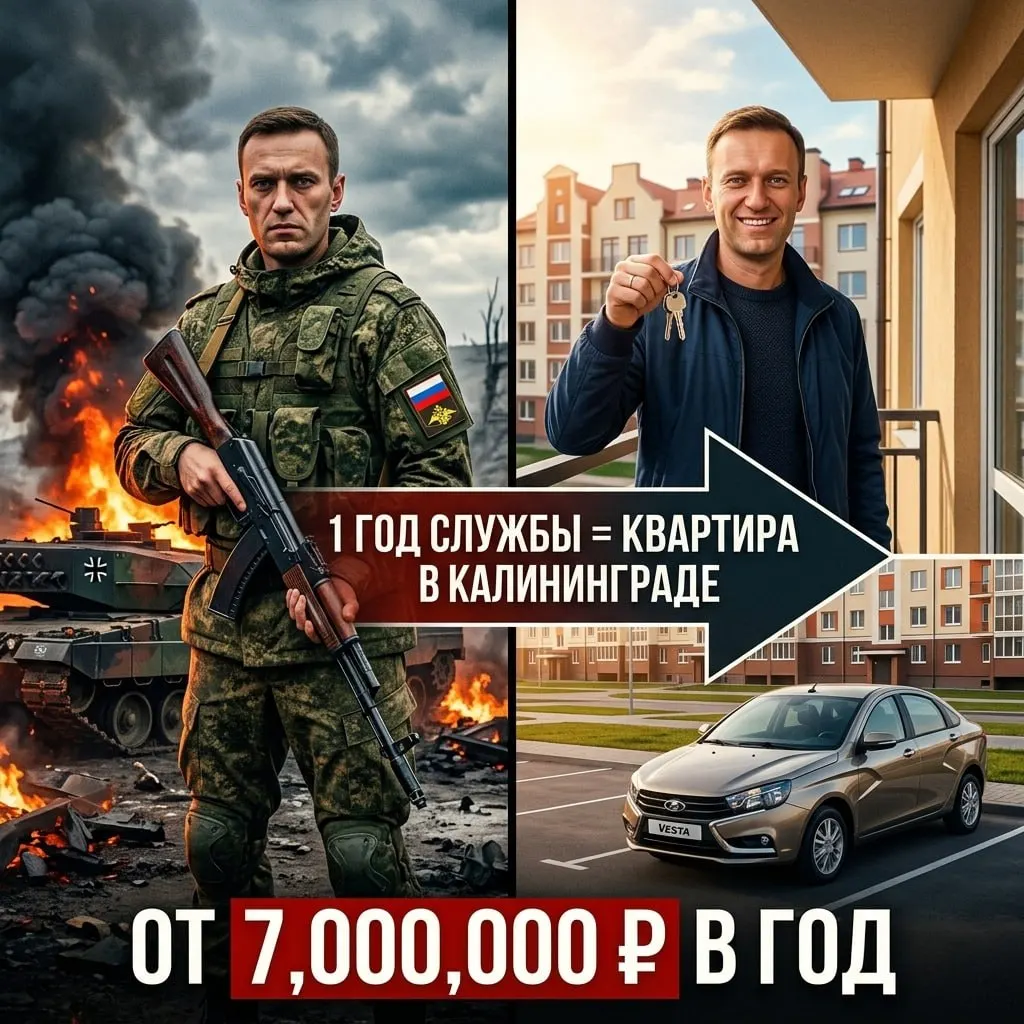 На странице проекта, предлагающего заключить контракт с Минобороны, появилось нейросетевое изображение Навального. На сайте указан адрес в Ростове‑на‑Дону, обещают выплаты, списание долгов и «квартиру в Калининграде» за год службы.
