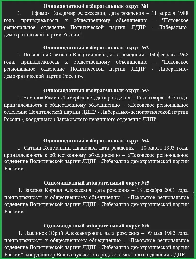 В партийный список ЛДПР вошли двое депутатов Госдумы без местной прописки и региональный координатор Антон Минаков. Кандидаты по одномандатным округам также утверждены. Ранее своих претендентов выдвинули ЕР, КПРФ и «Яблоко».