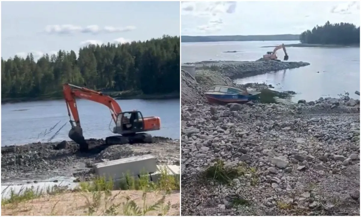В поселке Нижняя Пулонга Лоухского района завезли гравий и отсыпают берег реки Пулонга у воды; местные жалуются на шум техники и почернение воды, депутат направила запрос в прокуратуру.