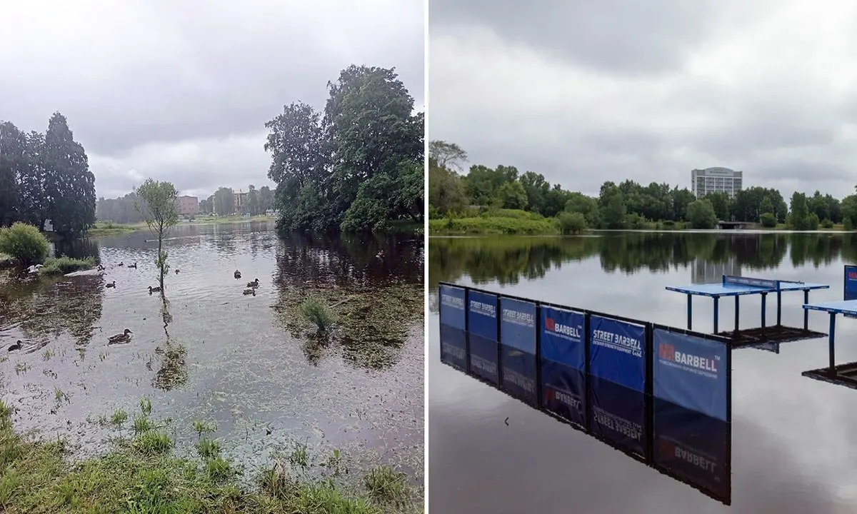 В Петрозаводске уровень воды в реке Лососинка поднялся: подтоплены новая пешеходная дорожка и теннисная площадка, горожанам приходится делать объезд на пути на работу.