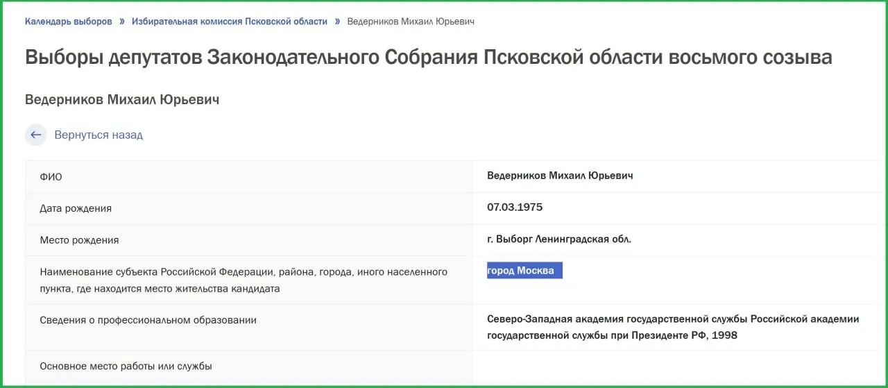 В сведениях, поданных в избирком региона, Михаил Ведерников указал Москву как место постоянной регистрации.