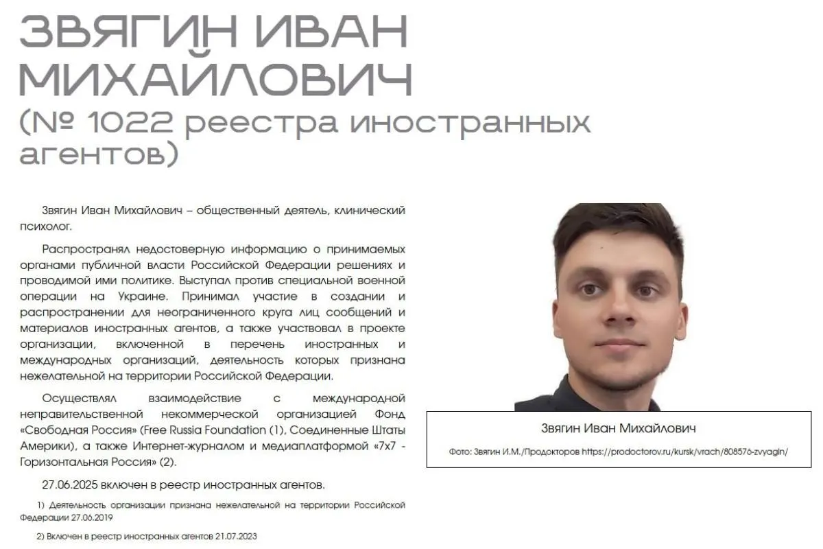 Иван Звягин обратился в суд с требованием признать публикацию на сайте Минюста дискриминационной и нарушающей презумпцию невиновности; в иске он называет действия ведомства публичной стигматизацией профессиональной деятельности.