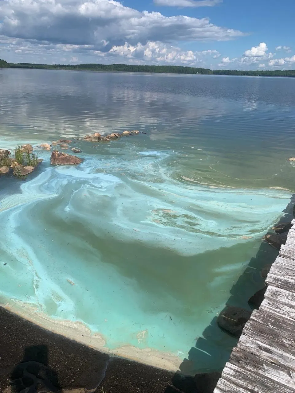 Местные сообщили о разводах на воде; специалисты отобрали пробы, пятна постепенно исчезают, результаты лабораторных анализов обещают сообщить позже.