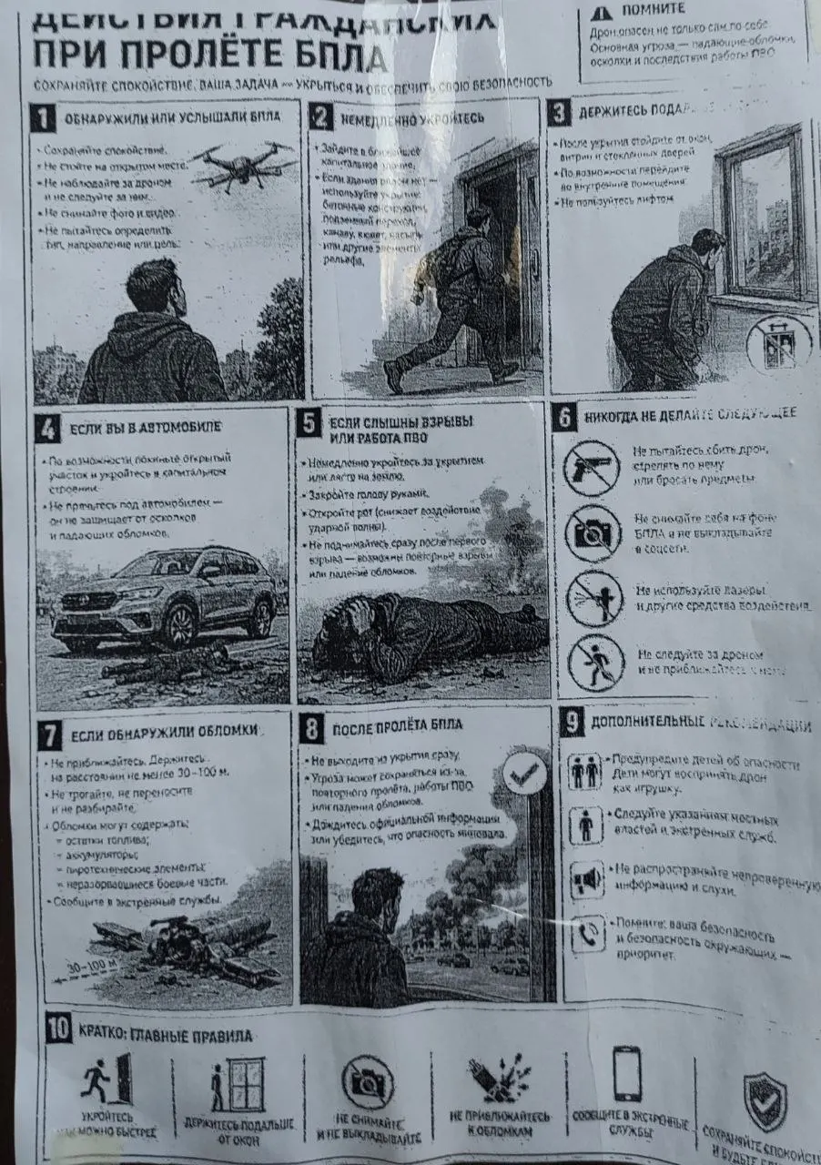 В некоторых подъездах Калининграда появились памятки с инструкциями на случай появления беспилотников: покинуть опасную зону, предупредить соседей, сообщить по 112 и не пользоваться мобильной связью и радио рядом с дроном. Власти подтвердили подлинность памяток и уточнили, что это стандартные материалы по ГО и ЧС.