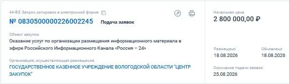 Планируется размещение информационного материала регионального телеканала на общую длительность 390 секунд; стоимость 1 секунды — 7 179,50 руб, общая сумма закупки — около 2,8 млн рублей.