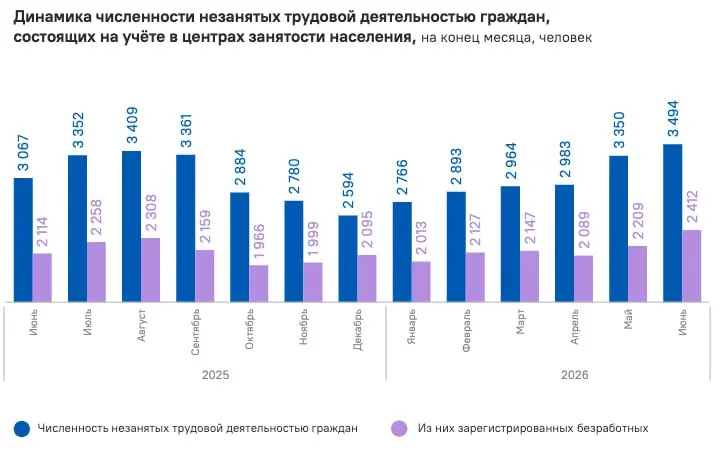 По данным служб занятости региона, ситуация на рынке труда остаётся напряжённой: на конец июня зарегистрировано 2 412 безработных; общее число людей без работы достигает около 3,5 тысяч.