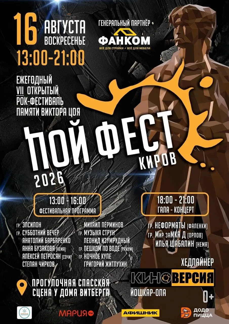 Ежегодный фестиваль памяти Виктора Цоя пройдет на Спасской в Кирове с 13:00 до 21:00.