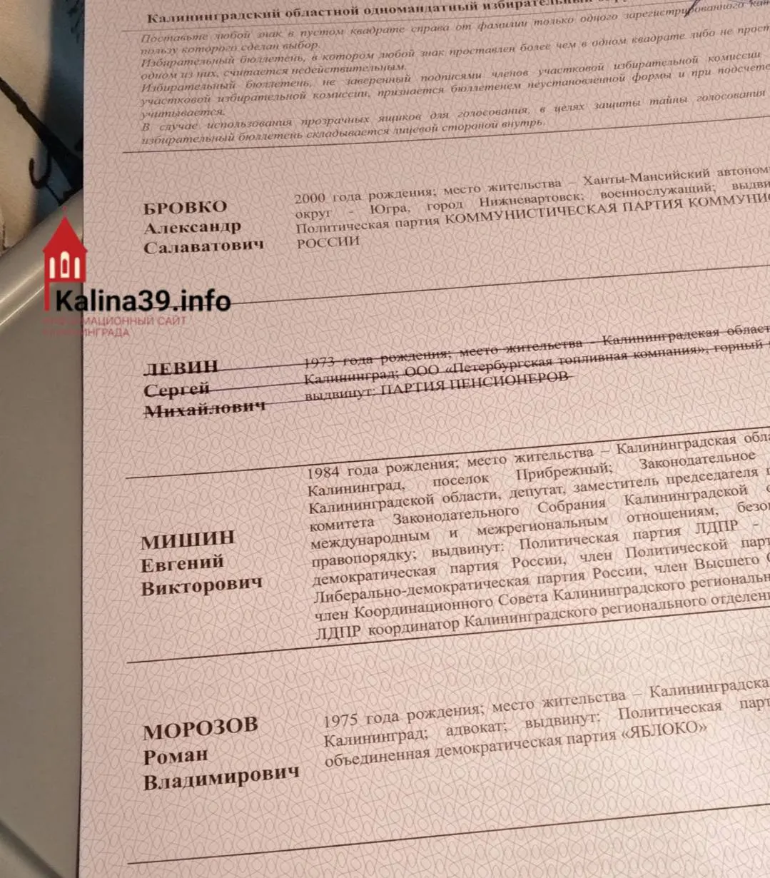 На выборах в Заксобрание Калининградской области бюллетени выпущены с перечеркнутым кандидатом после печати; новый тираж не печатали.