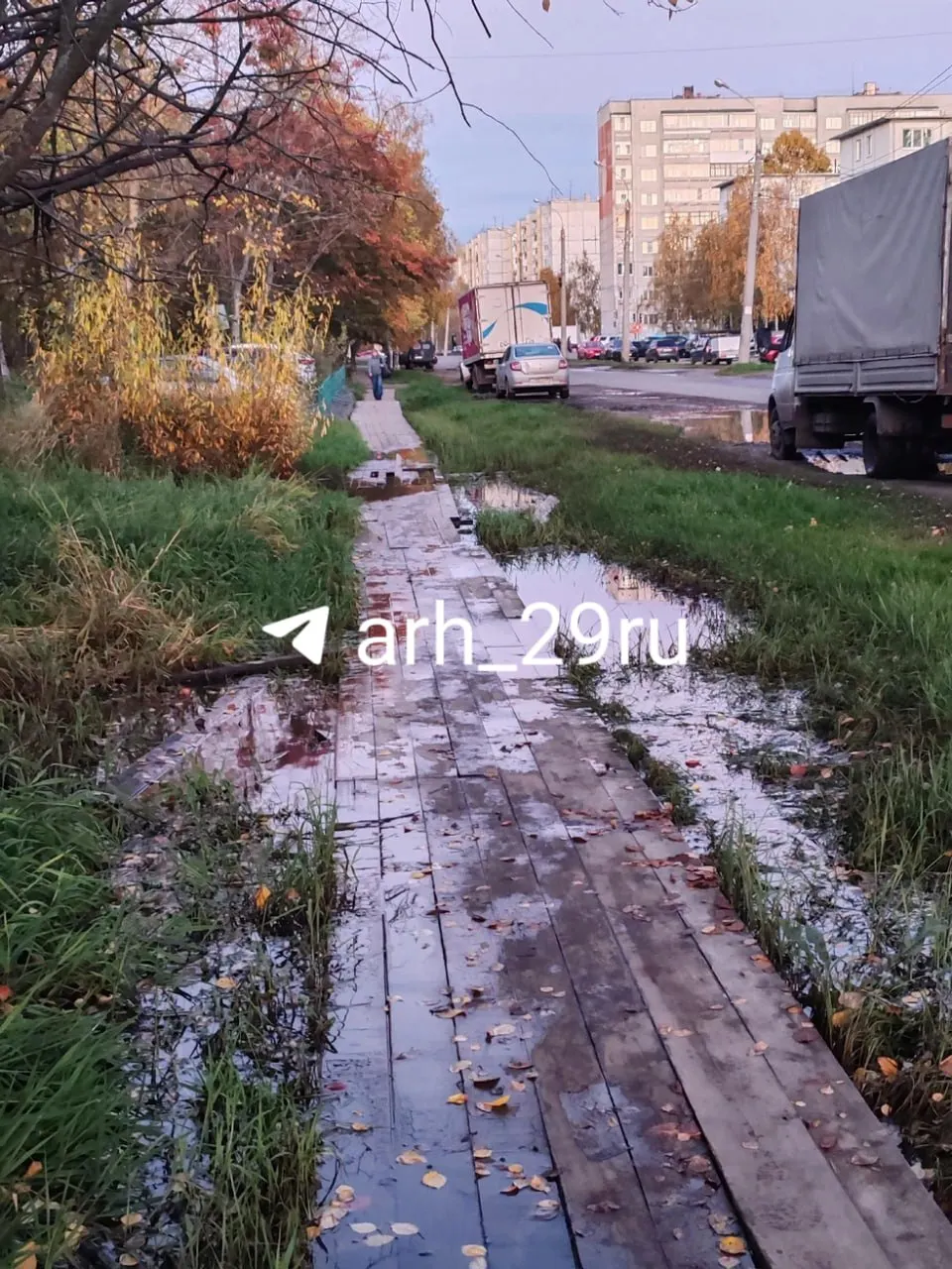 Жители Архангельска жалуются на опасные мостки на улице Красных Партизан: доски частично сгнили, участок заливается водой, освещение недостаточно.
