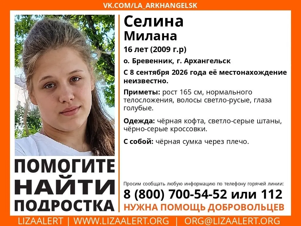 Полиция ищет Милану Селину, пропавшую в Архангельске. Ей 16 лет. Приметы и дополнительная информация по делу уточняются.