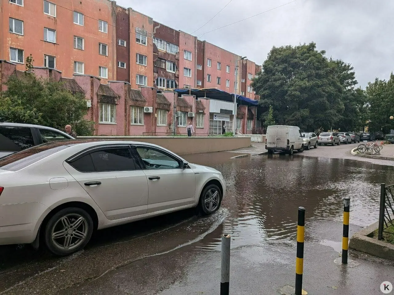 После сильного дождя дорога к поликлинике на Университетской оказалась затоплена гигантской лужей; прохожие ищут обход, а городские службы работают над устранением затора ливневой канализации.