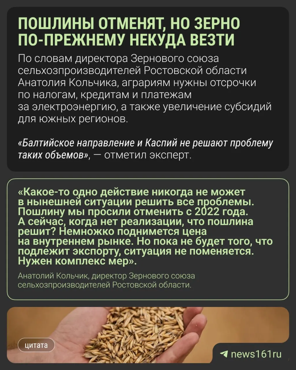 Планы обнулить пошлины на экспорт зерна до конца 2026 года не устраняют сложности на внутреннем рынке: порты перегружены, элеваторы переполнены, а цены остаются низкими.