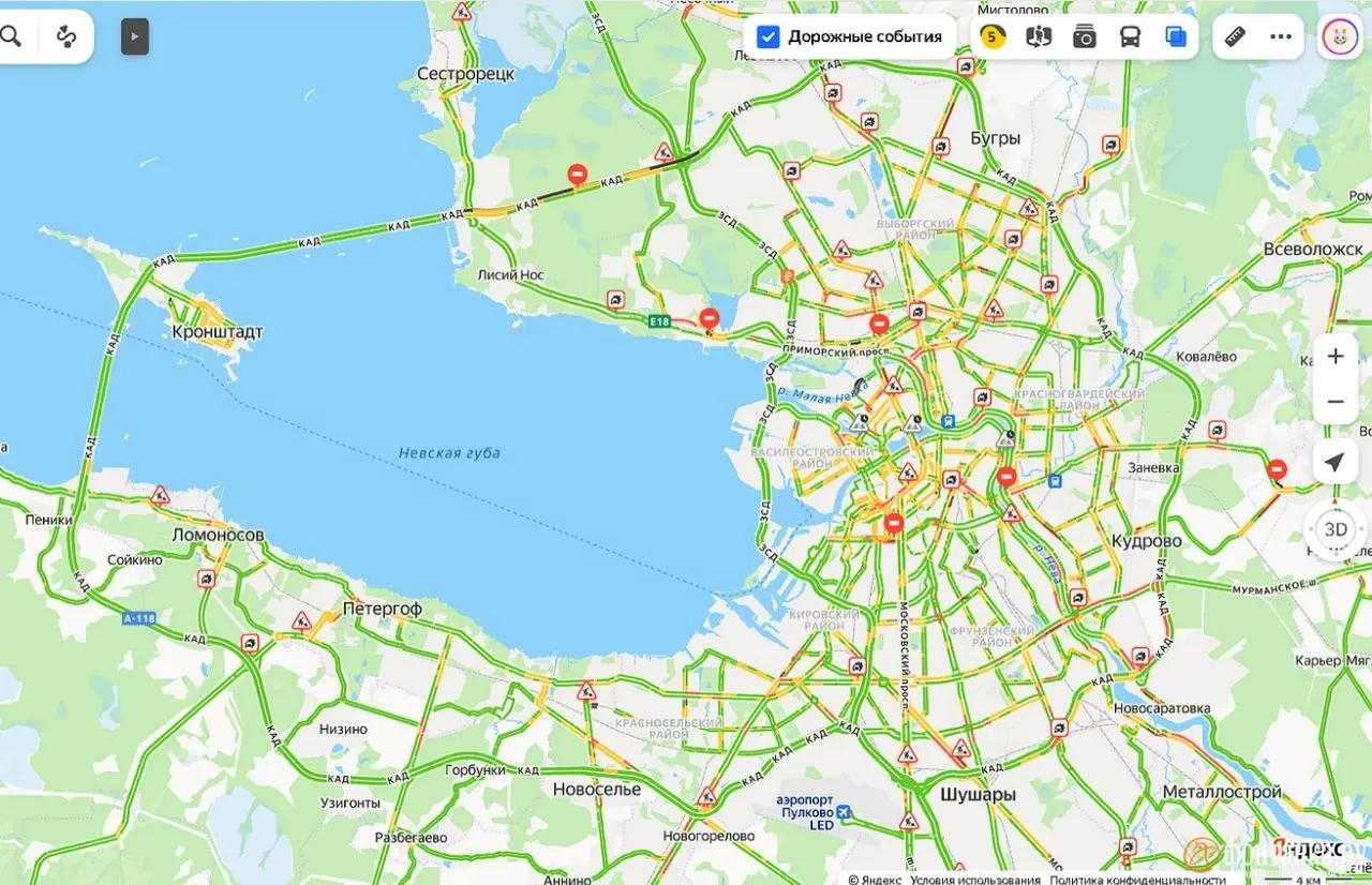 К 18:00 загруженность дорог в городе составила около 5 баллов — на один балл ниже обычного; пробки отмечаются на отдельных участках, возможны ДТП. Пробки на Невском путепроводе и Ивановской улице в направлении Володарского моста.