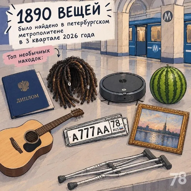 За третий квартал 2026 года в вагонах и на станциях оставлено 1890 забытых предметов; в списке — парик из дредов, арбуз и робот-пылесос.