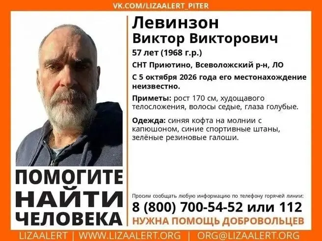 57-летний петербуржец по прозвищу «Директор» исчез 5 октября в СНТ «Приютино»; последние сведения — видели вдоль Дороги жизни; родственники сообщают о деменции.