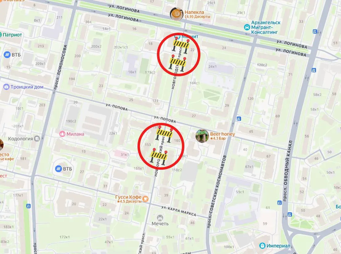 С 19 октября по 2 ноября движение ограничено по ул. Свободы у дома №24 и по Новгородскому проспекту из-за работ по ливневой канализации и ремонту теплотрассы.